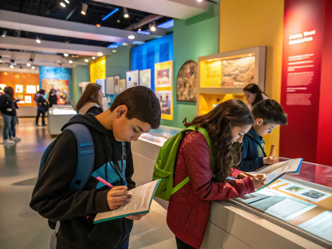 A vibrant scene of local school children and a guide participating in an educational workshop inside the Abbey, with historical artifacts and interactive displays, highlighting community learning and youth engagement.