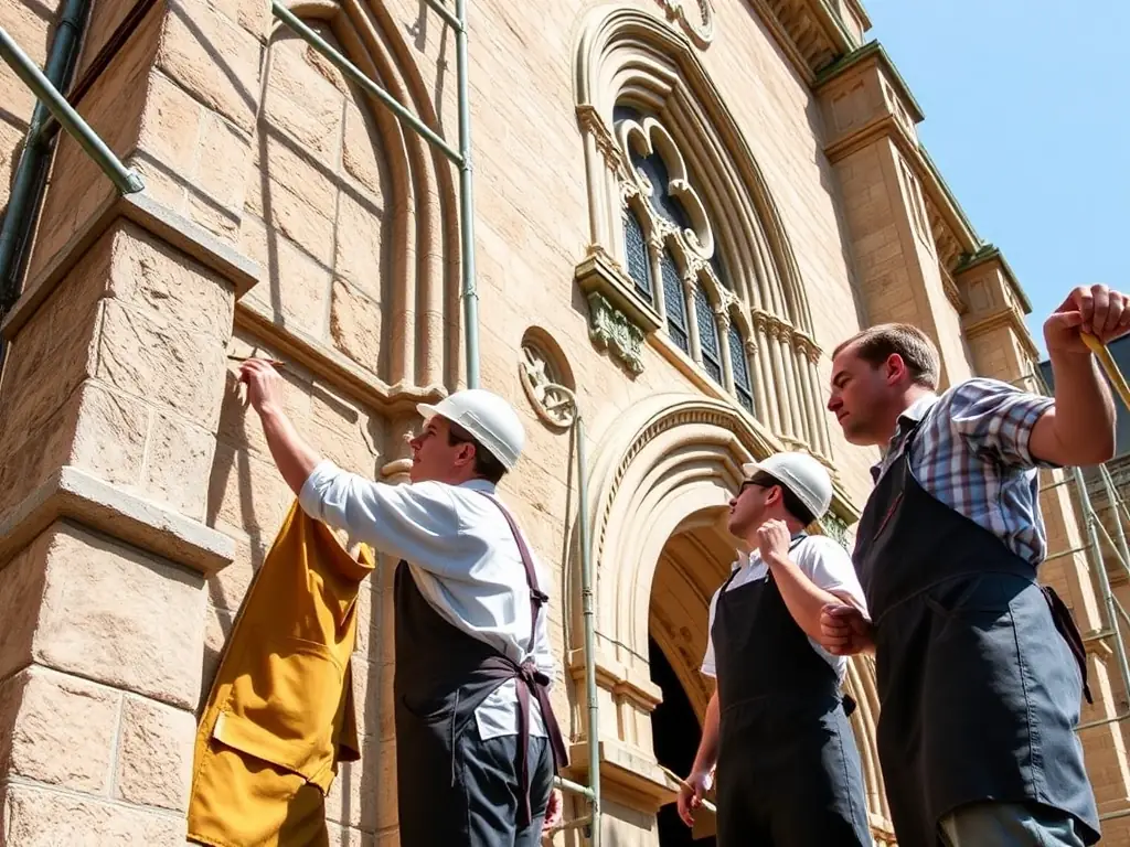 A detailed photograph of skilled artisans carefully restoring the intricate stonework on the Abbey of Moutiers-Saint-Jean’s historic facade, with scaffolding and restoration tools visible, illustrating active conservation efforts.